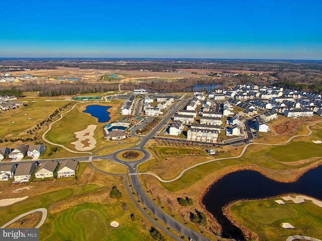 aerial view with a water view and golf course view