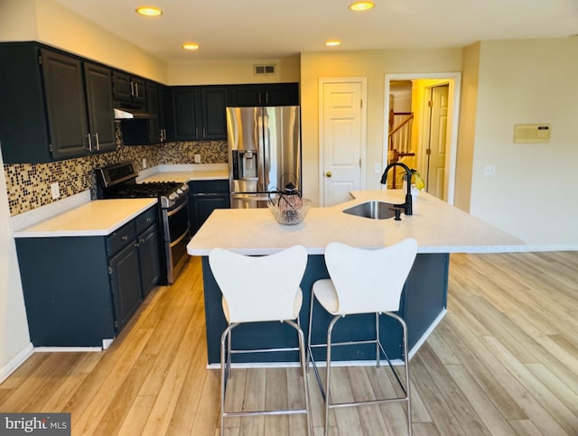 kitchen with stainless steel appliances, a sink, light countertops, decorative backsplash, and light wood-type flooring