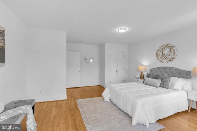 bedroom with wood finished floors, baseboards, and a closet