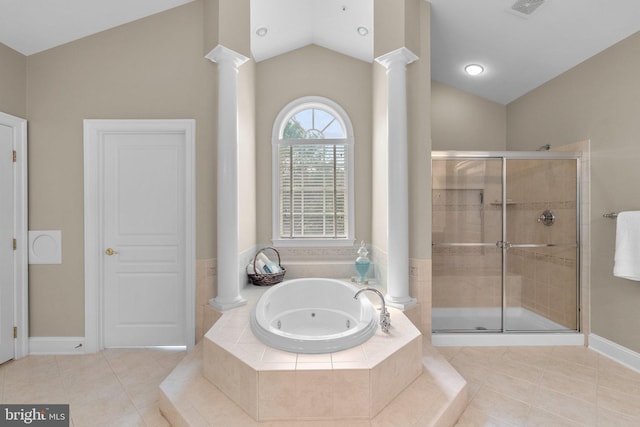 full bathroom with ornate columns, vaulted ceiling, a stall shower, tile patterned flooring, and a whirlpool tub