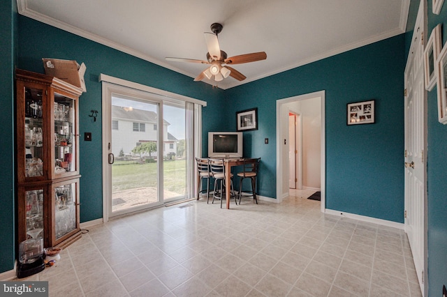home office featuring ceiling fan, visible vents, baseboards, and ornamental molding