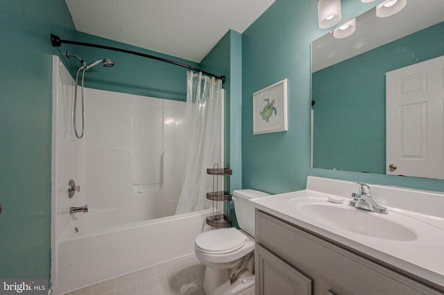 bathroom featuring toilet, shower / tub combo with curtain, tile patterned floors, and vanity