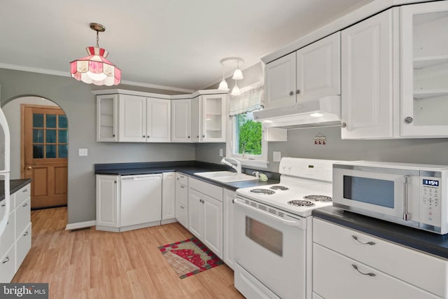 111 Trevanion Rd, Taneytown, MD 21787 - kitchen with white appliances, under cabinet range hood, a sink, ornamental molding, and light wood finished floors