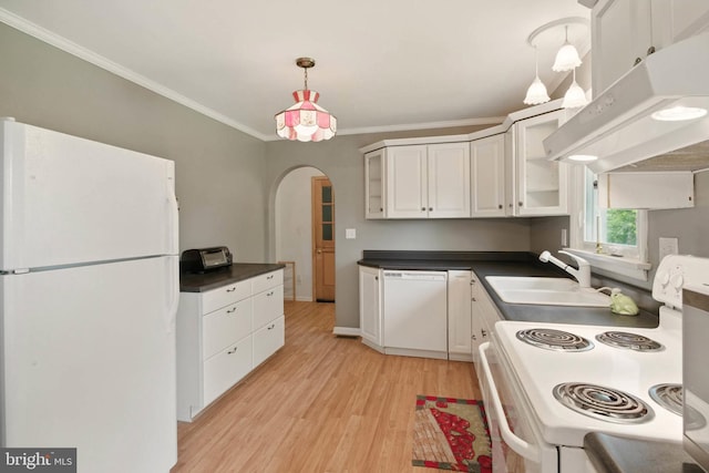 111 Trevanion Rd, Taneytown, MD 21787 - kitchen featuring white appliances, under cabinet range hood, arched walkways, light wood-style flooring, and a sink