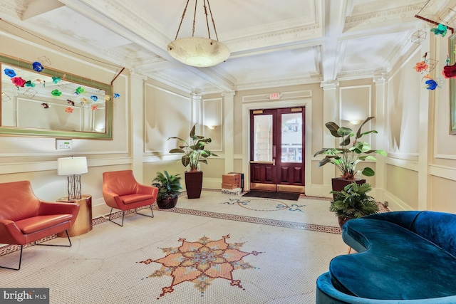 common area featuring a decorative wall, ornamental molding, coffered ceiling, and beamed ceiling
