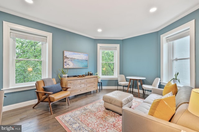 living area featuring crown molding, plenty of natural light, baseboards, recessed lighting, and wood finished floors