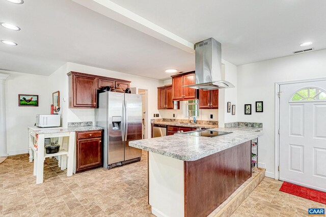 654 Bybee Rd, Louisa, VA 23093 - kitchen featuring island range hood, appliances with stainless steel finishes, light countertops, recessed lighting, and a peninsula