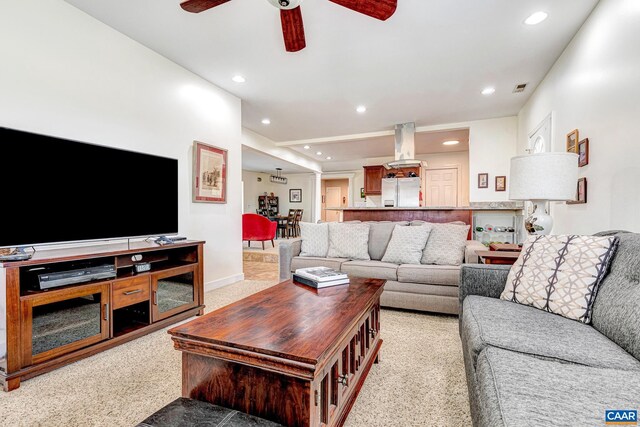 654 Bybee Rd, Louisa, VA 23093 - living room featuring a ceiling fan, light colored carpet, recessed lighting, and baseboards