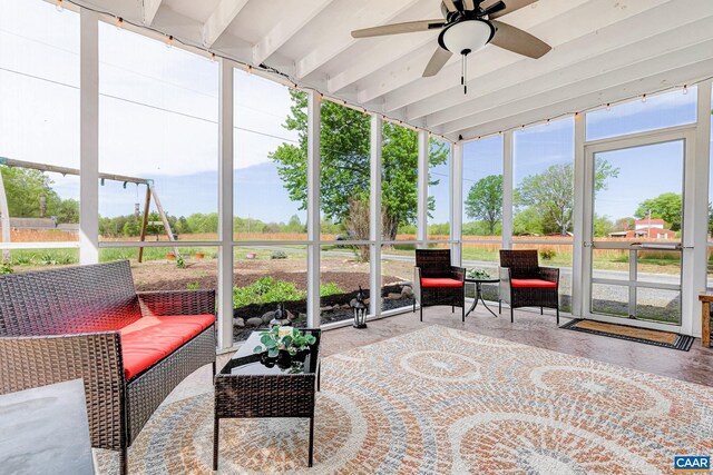 654 Bybee Rd, Louisa, VA 23093 - sunroom featuring a ceiling fan and an outdoor hangout area