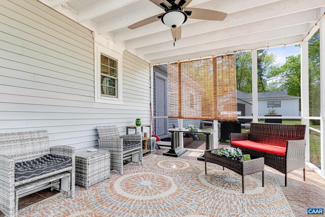654 Bybee Rd, Louisa, VA 23093 - sunroom with an outdoor living space, ceiling fan, and beamed ceiling
