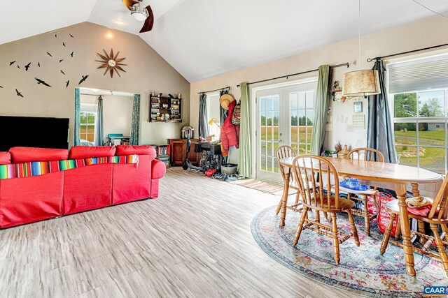 654 Bybee Rd, Louisa, VA 23093 - dining space with plenty of natural light, ceiling fan, lofted ceiling, french doors, and wood finished floors