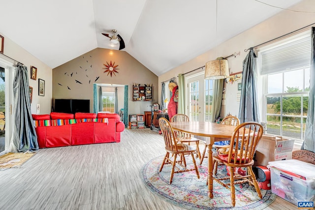 654 Bybee Rd, Louisa, VA 23093 - dining area featuring a ceiling fan, wood finished floors, plenty of natural light, and lofted ceiling
