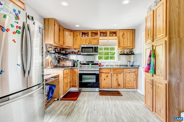 654 Bybee Rd, Louisa, VA 23093 - kitchen with stainless steel appliances, open shelves, recessed lighting, light wood-style floors, and a sink