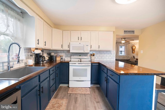627 Ash St, Strasburg, VA 22657 - kitchen featuring white appliances, a sink, blue cabinets, a peninsula, and light wood-style floors