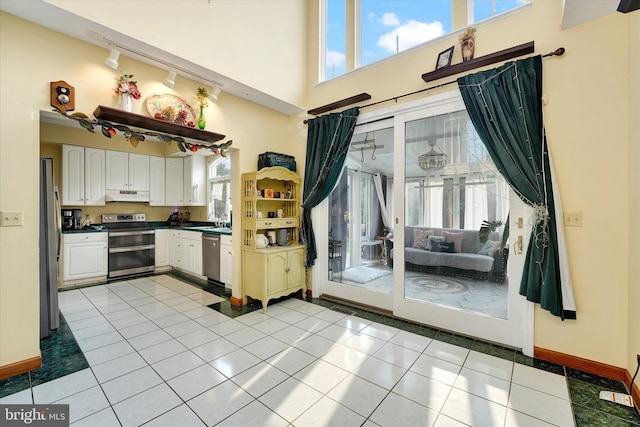 177 Pearce Creek Dr, Earleville, MD 21919 - kitchen featuring appliances with stainless steel finishes, under cabinet range hood, rail lighting, a sink, and a high ceiling
