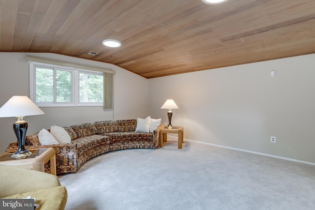carpeted living room with lofted ceiling, wooden ceiling, and baseboards