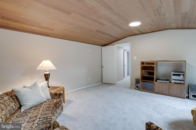 living room featuring vaulted ceiling, carpet floors, wooden ceiling, and baseboards