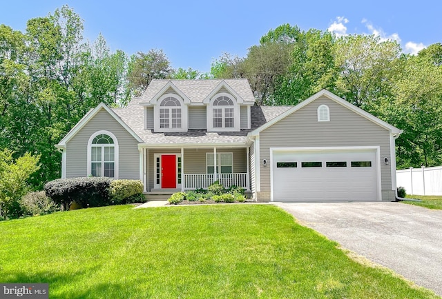traditional-style house with covered porch, roof with shingles, a garage, and driveway