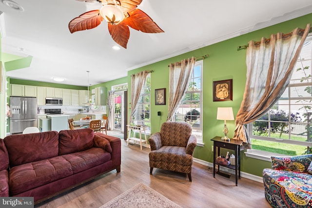 1 Deep Pond Dr, Spring City, PA 19475 - living area featuring plenty of natural light, ornamental molding, ceiling fan, light wood-style floors, and recessed lighting