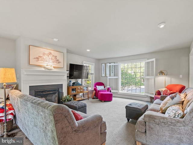 744 Goose Neck Dr, Lititz, PA 17543 - carpeted living room with a glass covered fireplace and recessed lighting
