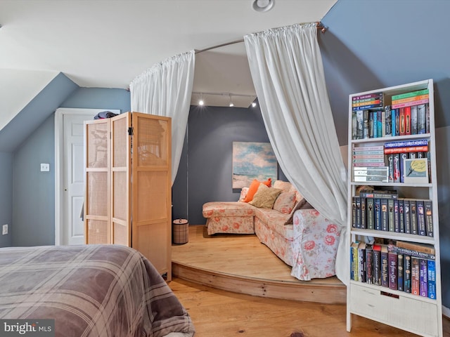 744 Goose Neck Dr, Lititz, PA 17543 - bedroom featuring wood finished floors, rail lighting, and vaulted ceiling