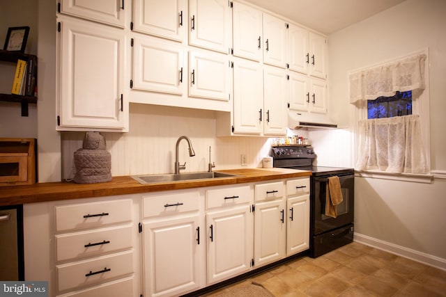kitchen with a sink, black range with electric stovetop, baseboards, under cabinet range hood, and butcher block counters