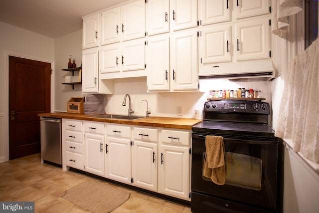 kitchen featuring a sink, butcher block countertops, dishwasher, ventilation hood, and black electric range