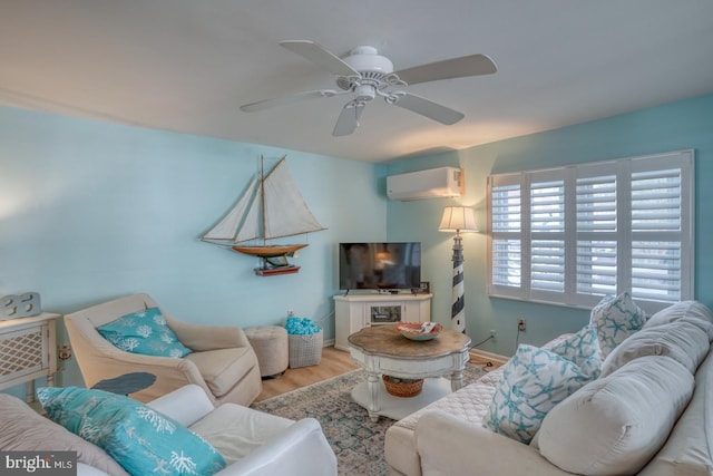 2 E Atlantic St Unit 1, Fenwick Island, DE 19944 - living room featuring a wall mounted AC, wood finished floors, a ceiling fan, and baseboards