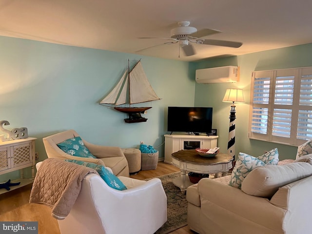 2 E Atlantic St Unit 1, Fenwick Island, DE 19944 - living room featuring wood finished floors, ceiling fan, and an AC wall unit