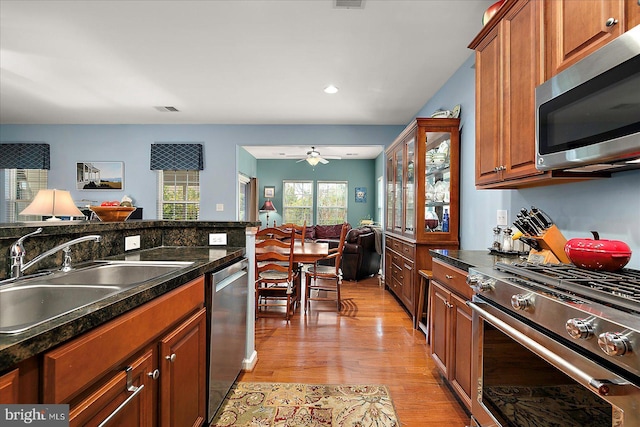 176 Bobbys Branch Rd Unit 56, Millsboro, DE 19966 - kitchen featuring stainless steel appliances, a sink, light wood-style floors, dark countertops, and ceiling fan
