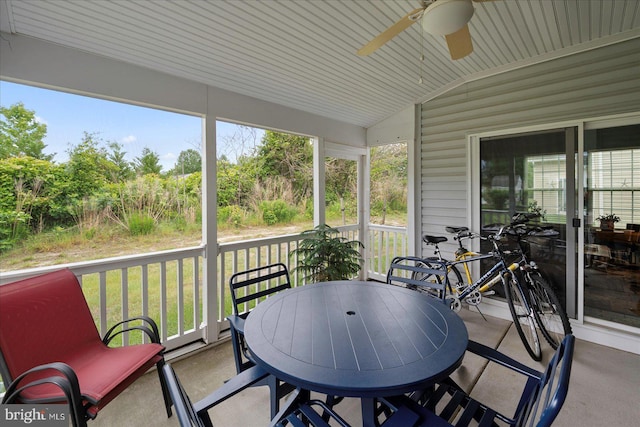 176 Bobbys Branch Rd Unit 56, Millsboro, DE 19966 - sunroom featuring a ceiling fan, vaulted ceiling, and outdoor dining space