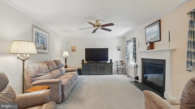 2707 Maynard Rd, Crofton, MD 21114 - living area featuring carpet floors, ceiling fan, crown molding, a fireplace with flush hearth, and baseboards