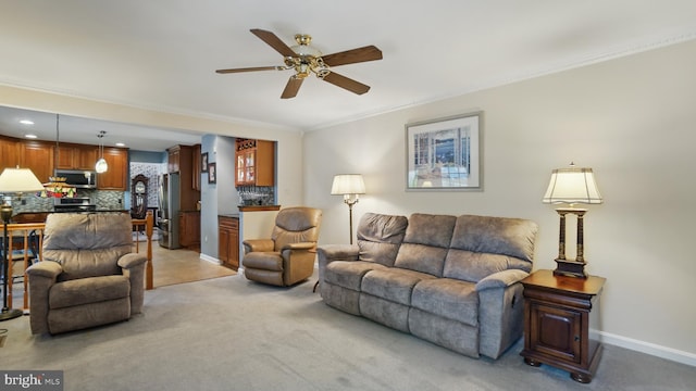 2707 Maynard Rd, Crofton, MD 21114 - living room featuring ceiling fan, ornamental molding, light carpet, baseboards, and recessed lighting