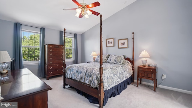 2707 Maynard Rd, Crofton, MD 21114 - bedroom with light colored carpet, vaulted ceiling, baseboards, and a ceiling fan