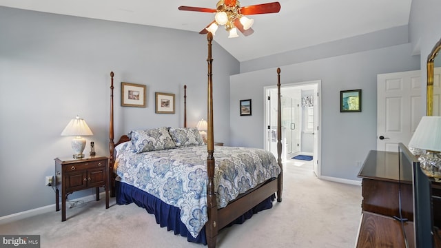 2707 Maynard Rd, Crofton, MD 21114 - bedroom featuring light carpet, vaulted ceiling, baseboards, and a ceiling fan