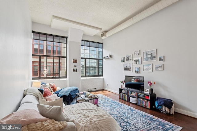 living room featuring baseboards, wood finished floors, a baseboard radiator, and a textured ceiling