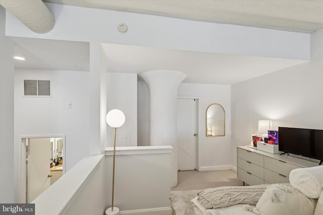 bedroom with light carpet, baseboards, and recessed lighting