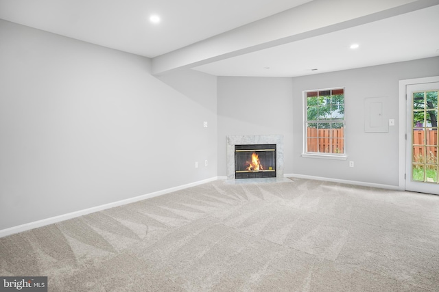 3104 Dynasty Dr, District Heights, MD 20747 - unfurnished living room featuring baseboards, carpet flooring, a high end fireplace, and recessed lighting