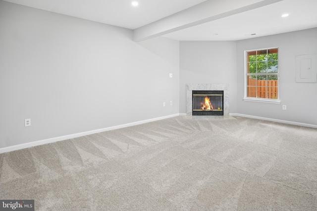 3104 Dynasty Dr, District Heights, MD 20747 - unfurnished living room with carpet floors, baseboards, a fireplace, and recessed lighting