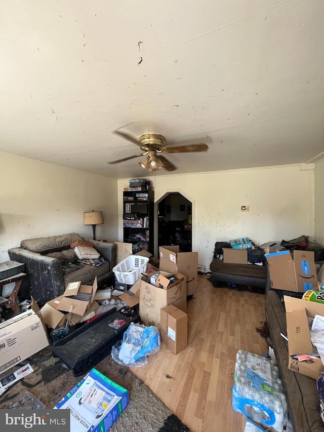 interior space with a ceiling fan and wood finished floors