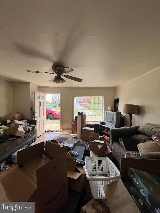 interior space featuring a ceiling fan