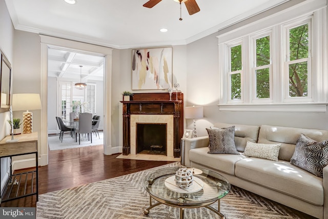 1326 Otis Pl NW, Washington, DC 20010 - living room featuring wood finished floors, coffered ceiling, ornamental molding, a ceiling fan, and recessed lighting