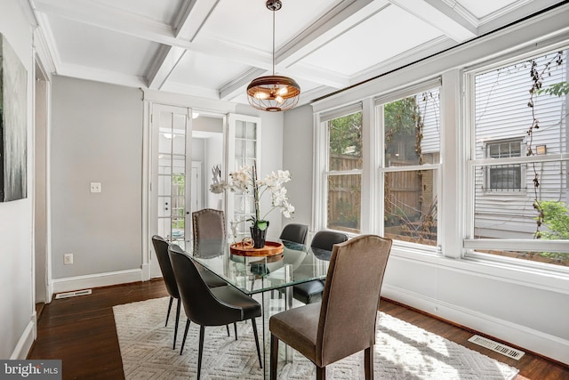 1326 Otis Pl NW, Washington, DC 20010 - dining room with coffered ceiling, baseboards, a chandelier, dark wood finished floors, and beamed ceiling