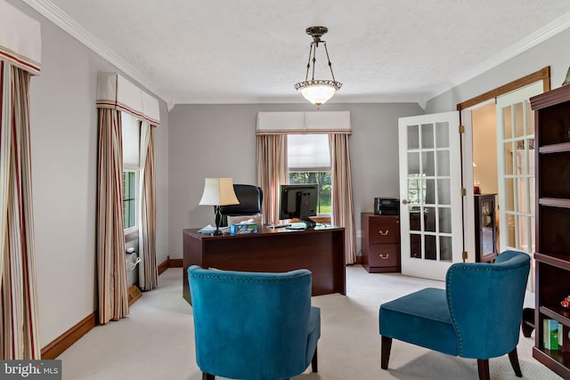home office featuring carpet floors, ornamental molding, french doors, and baseboards