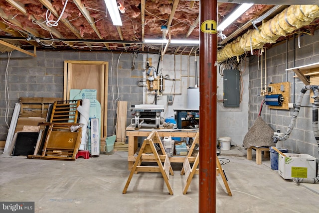 unfinished basement featuring electric panel and concrete block wall