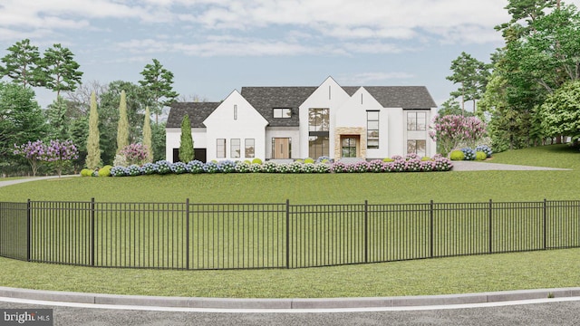 view of front of house with stucco siding, fence, a shingled roof, and a front lawn