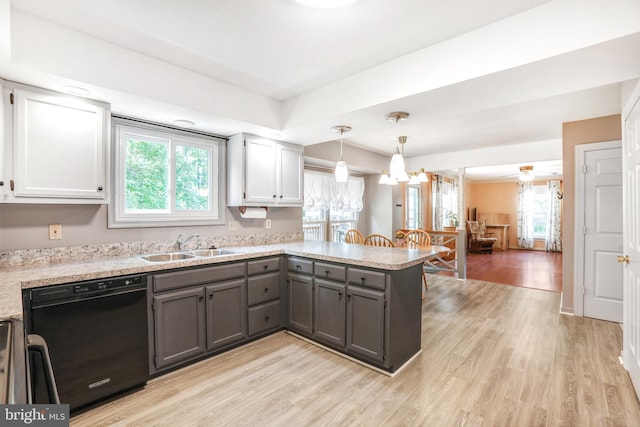 2158 Sebastian Rd, Fredericksburg, VA 22405 - kitchen with dishwasher, a peninsula, light wood-type flooring, gray cabinets, and a sink