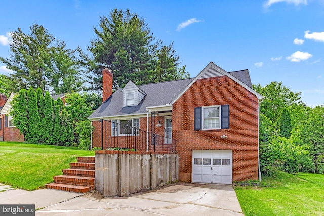 1417 Glendale Rd, Baltimore, MD 21239 - view of front of house with a garage, brick siding, a chimney, concrete driveway, and a front lawn