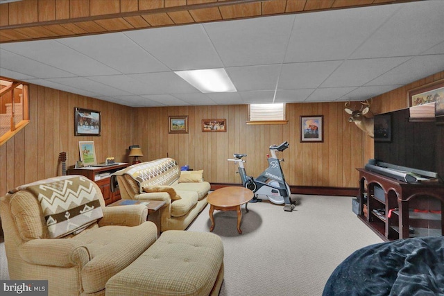 70 Miller Rd, Kutztown, PA 19530 - living room featuring a paneled ceiling, wood walls, and carpet