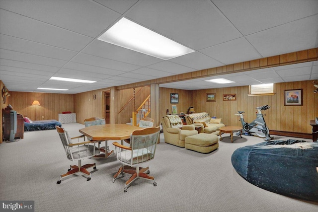 70 Miller Rd, Kutztown, PA 19530 - carpeted living room with a drop ceiling, stairway, and wood walls